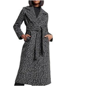 Express Black & White Lined Tweed Belted Trench Coat with Notch Collar & Pockets